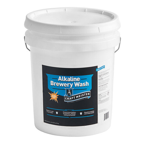 A white bucket of National Chemicals Inc. Craft Meister Alkaline Brewery Wash with a blue label.