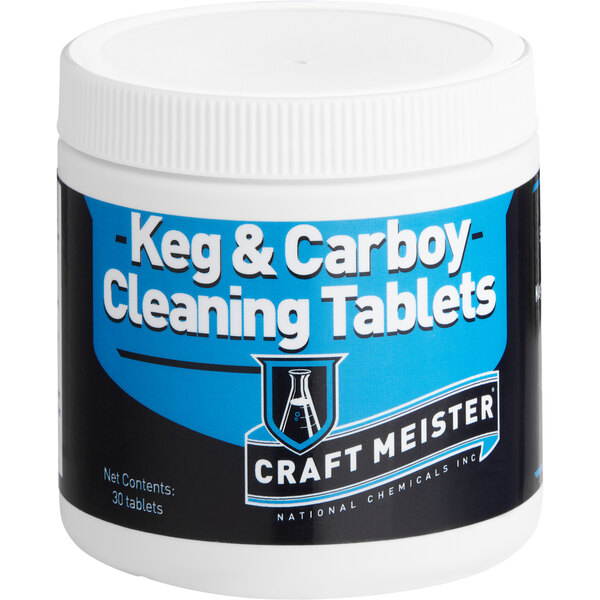 A white container of National Chemicals Inc. Craft Meister Keg & Carboy Cleaning Tablets with a blue label.