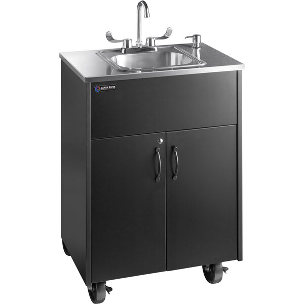 A black metal portable sink with a stainless steel basin and faucet.