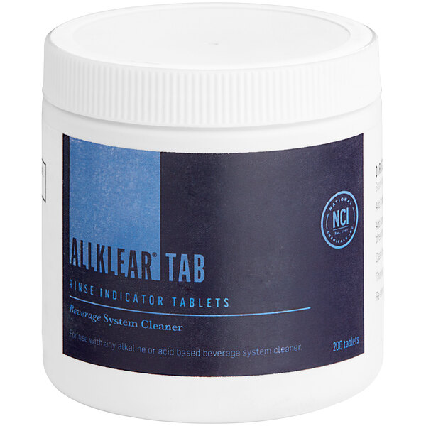 A white National Chemicals Inc. container of 200 AllKlear dye rinse indicator tabs with a blue label.