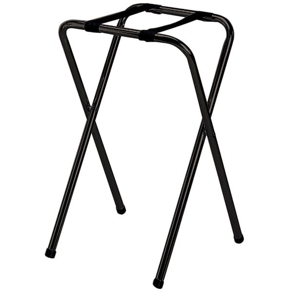 A Tablecraft black metal tray stand with a black metal frame and strap.