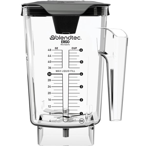 A clear plastic Blendtec blender jar with a black and white soft lid.