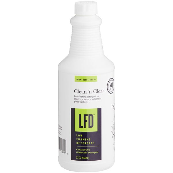 A white bottle of National Chemicals Inc. LFD Low Foam Concentrate Glass Liquid Detergent with a green label.