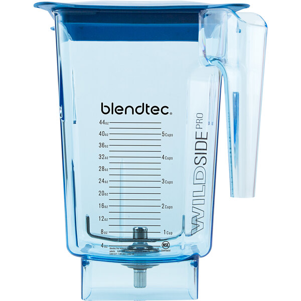 A blue Blendtec blender jar with a blue hard lid.