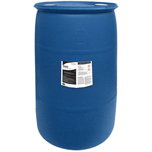 A blue National Chemicals Inc. barrel with a white label with black text for DAC Double Alkaline Beverage Line System Cleaner.