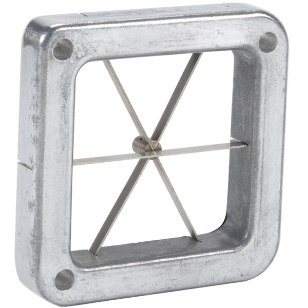 A metal square with six wedge-shaped holes.