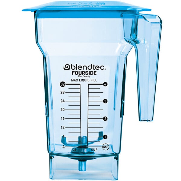 A blue Blendtec FourSide plastic blender jar with a blue hard lid.