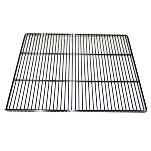 A chrome wire shelf with a grid pattern.