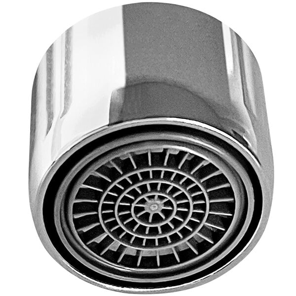 A close-up of a chrome-plated brass Sani-Lav faucet aerator.