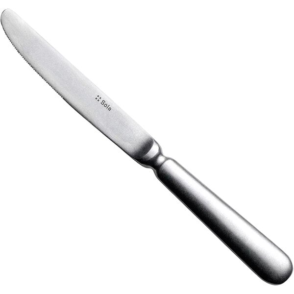 A Sola stainless steel dessert knife with a silver handle.