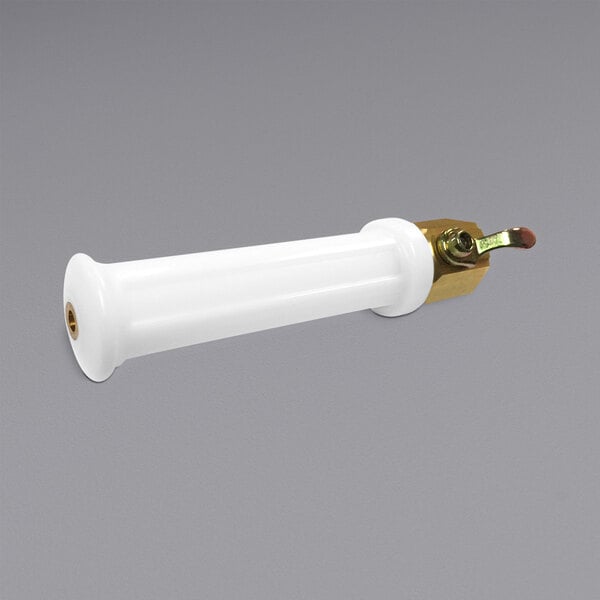 A white Sani-Lav industrial spray nozzle with a gold screw.