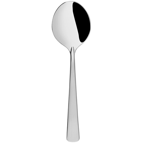 A silver Sola Eve demitasse spoon with a black handle.