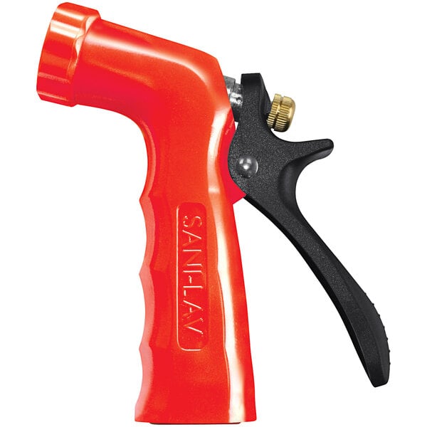 A red Sani-Lav spray nozzle with a black plastic handle.