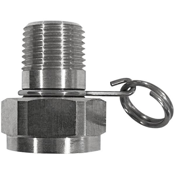 A Sani-Lav stainless steel hose adapter with threaded connections.