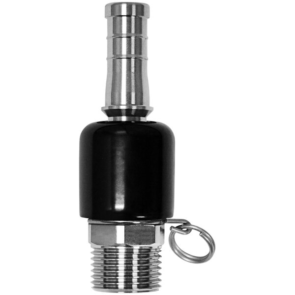 A Sani-Lav stainless steel swivel ball adapter with a silver and black hose barb.