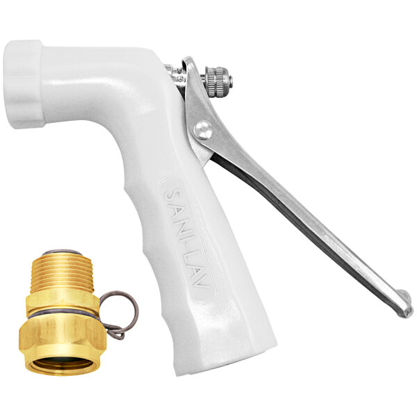 A white plastic Sani-Lav spray nozzle with a stainless steel fitting.