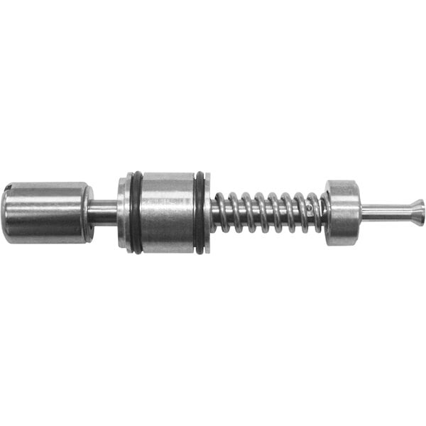 A stainless steel threaded shaft with a metal spring.