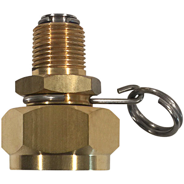 A brass Sani-Lav swivel hose adapter with metal connections.