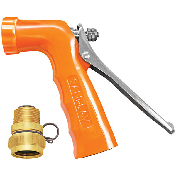 An orange Sani-Lav industrial spray nozzle with a stainless steel handle.