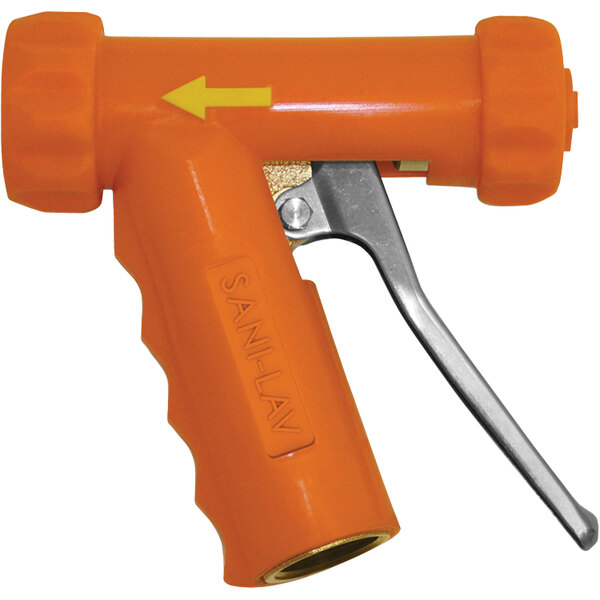 An orange Sani-Lav brass spray nozzle with a stainless steel handle.
