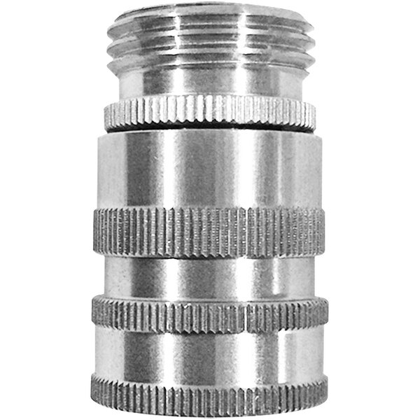 A close-up of a Sani-Lav stainless steel hose adapter with threaded ends.