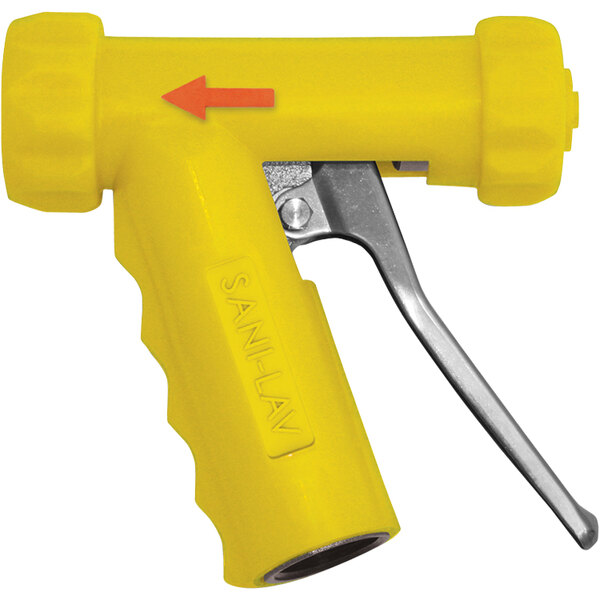 A yellow Sani-Lav aluminum spray nozzle with a stainless steel handle and red arrow.