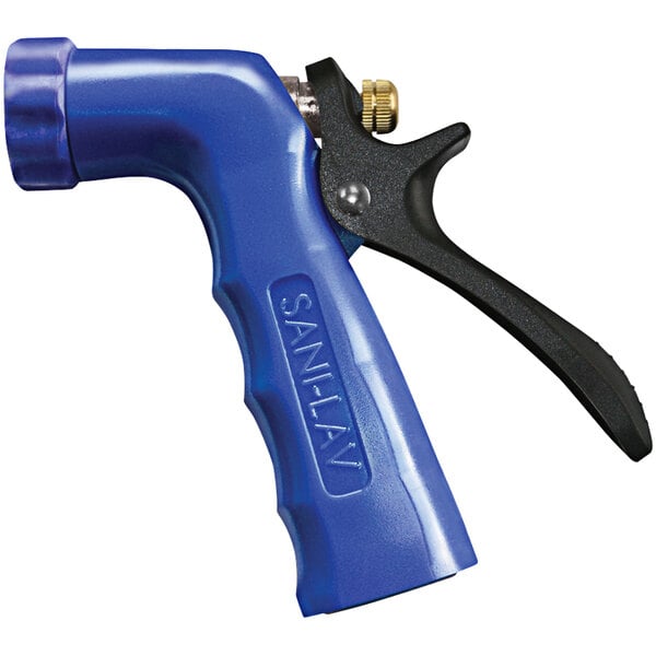 A blue Sani-Lav spray nozzle with a black plastic handle.