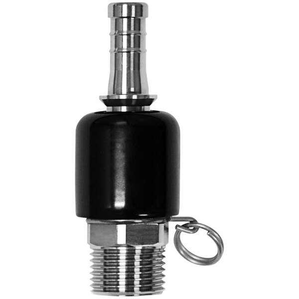 A black and silver metal hose connector with a cylindrical shape and a silver top.
