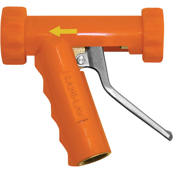 An orange Sani-Lav industrial insulated spray nozzle with a stainless steel handle.