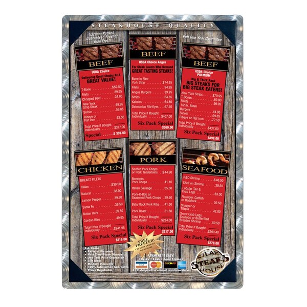 A Menu Solutions Alumitique menu board with red and black text.