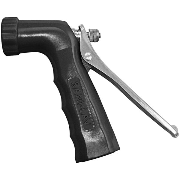 A black and silver Sani-Lav spray nozzle with a stainless steel handle.