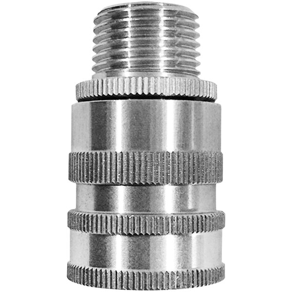 A stainless steel Sani-Lav hose adapter with threaded connections.