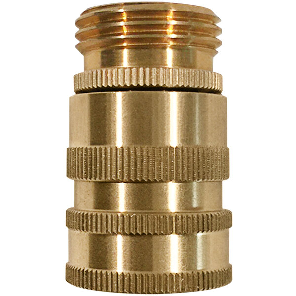 A close-up of a brass threaded Sani-Lav hose adapter.