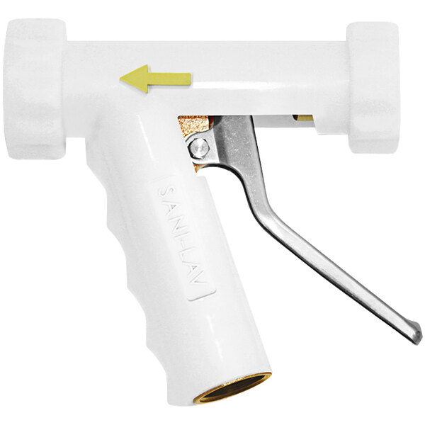 A white plastic Sani-Lav industrial spray nozzle with a stainless steel handle.