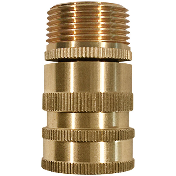 A brass cylinder with threaded connections.
