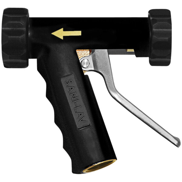 A black and silver Sani-Lav industrial spray nozzle with a stainless steel lever.
