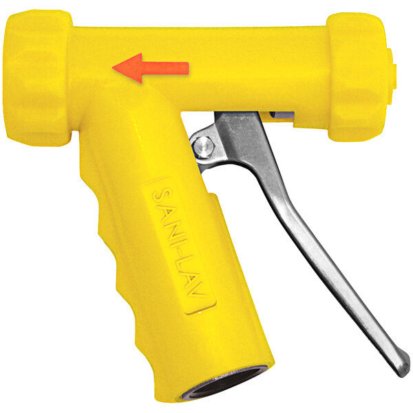 A yellow stainless steel Sani-Lav insulated spray nozzle with stainless steel components.
