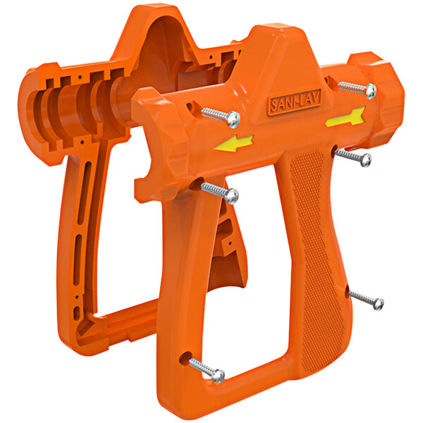 An orange plastic Sani-Lav spray nozzle cover with screws and yellow handles.