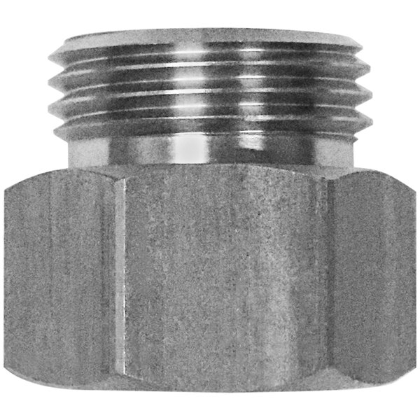 A close-up of a stainless steel threaded Sani-Lav hose adapter with a metal nut.