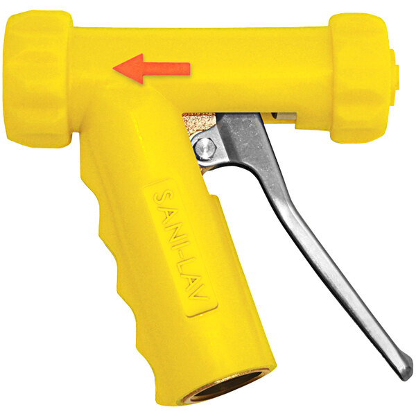 A yellow Sani-Lav brass spray nozzle with a stainless steel handle.