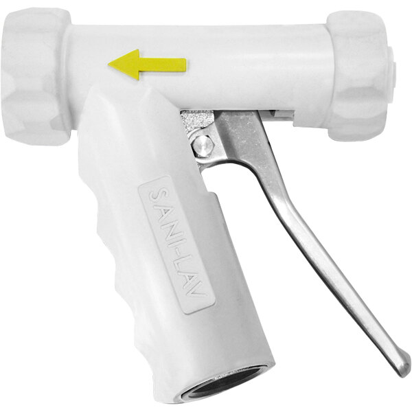 A white aluminum Sani-Lav spray nozzle with a stainless steel handle.