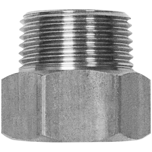 A close-up of a metal nut with threaded connections on a Sani-Lav stainless steel hose adapter.
