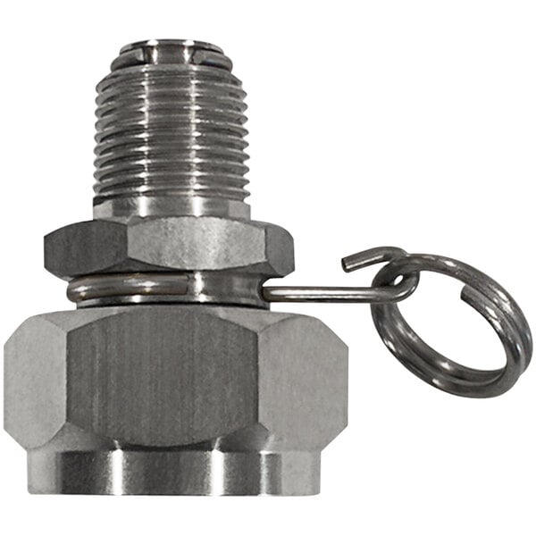 A close-up of a Sani-Lav stainless steel swivel hose adapter with threaded connections.