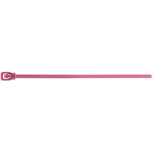 A maroon plastic cable tie with a metal hook.