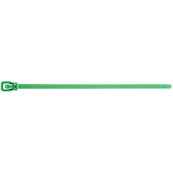A green Retyz cable tie with a metal buckle.
