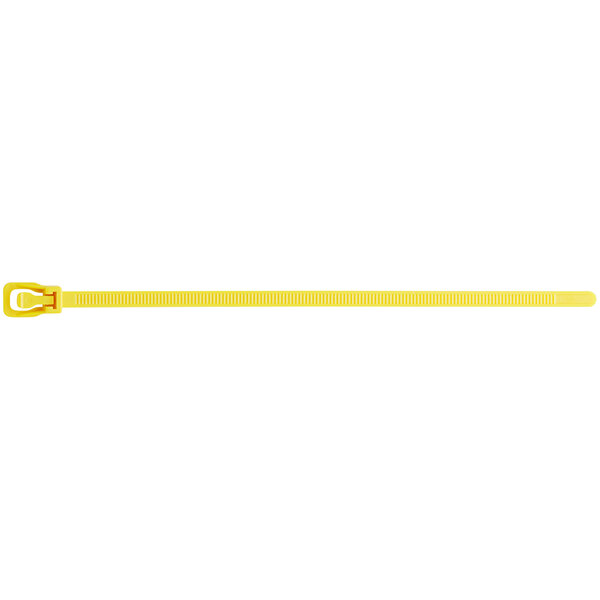 A yellow plastic Retyz cable tie with a metal buckle.