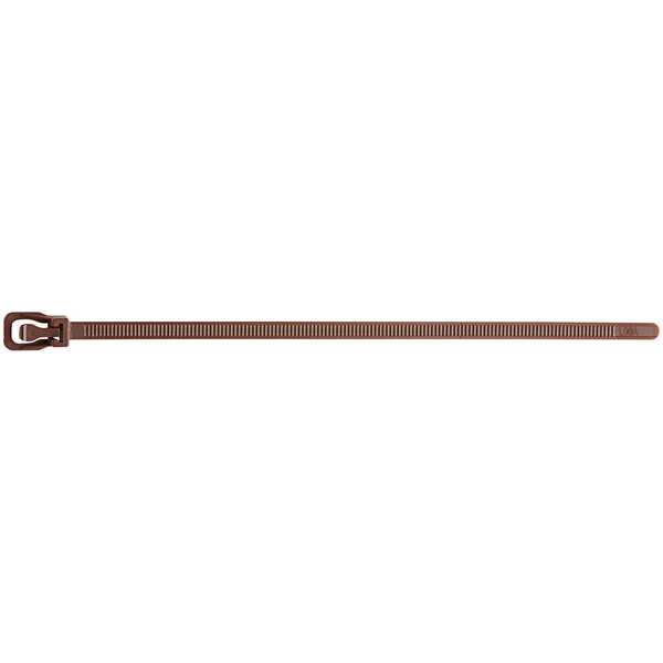 A brown Retyz EveryTie cable tie with a metal buckle.