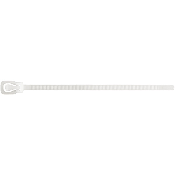 A white plastic Retyz EveryTie cable tie with a metal clip.
