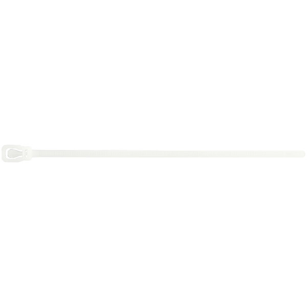 A white plastic cable tie with a handle.
