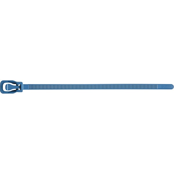 A blue Retyz metal detectable cable tie with a metal buckle.